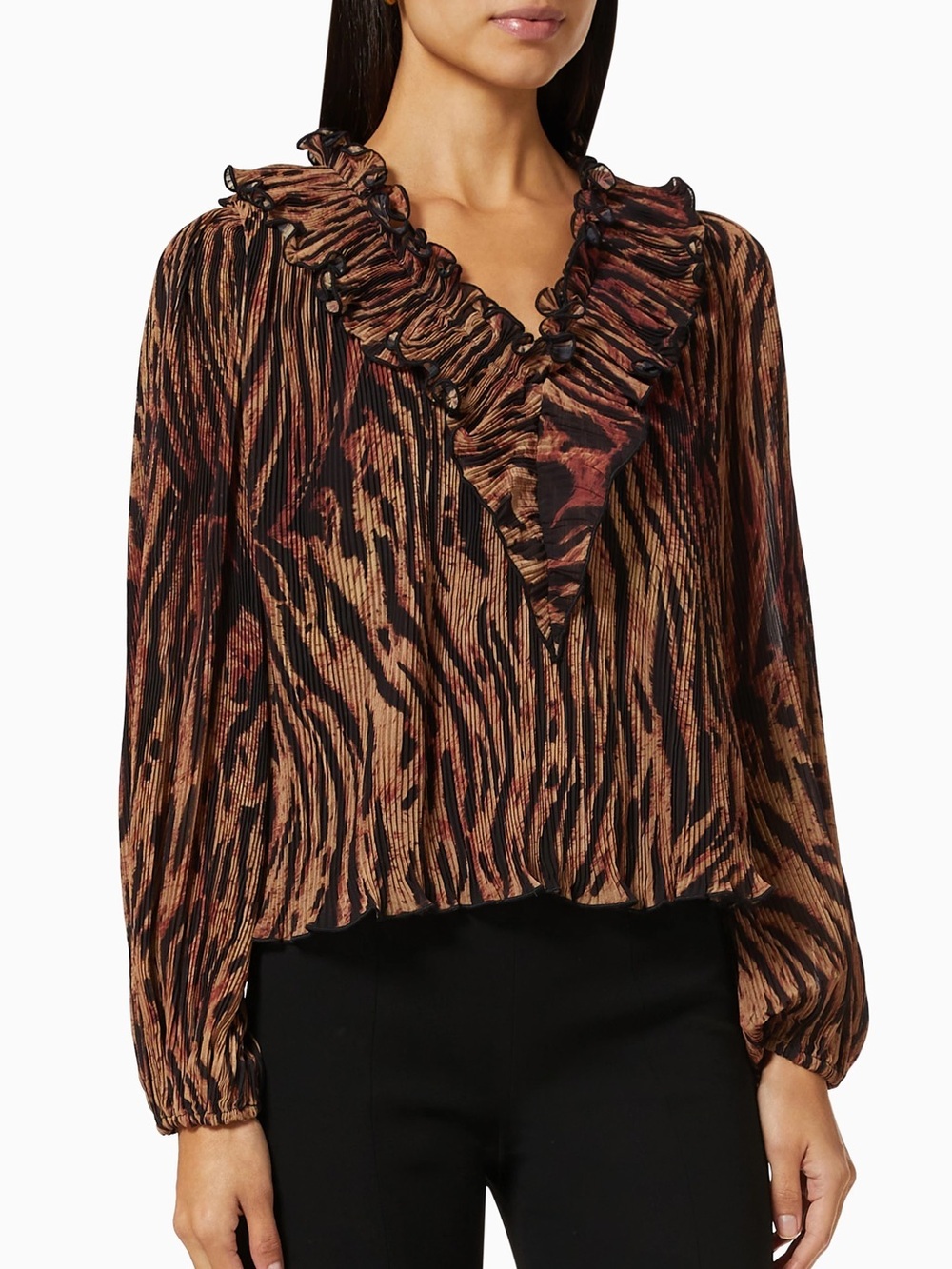GANNI Pleated Georgette V-Neck Ruffle Blouse 'Tiger's Eye'